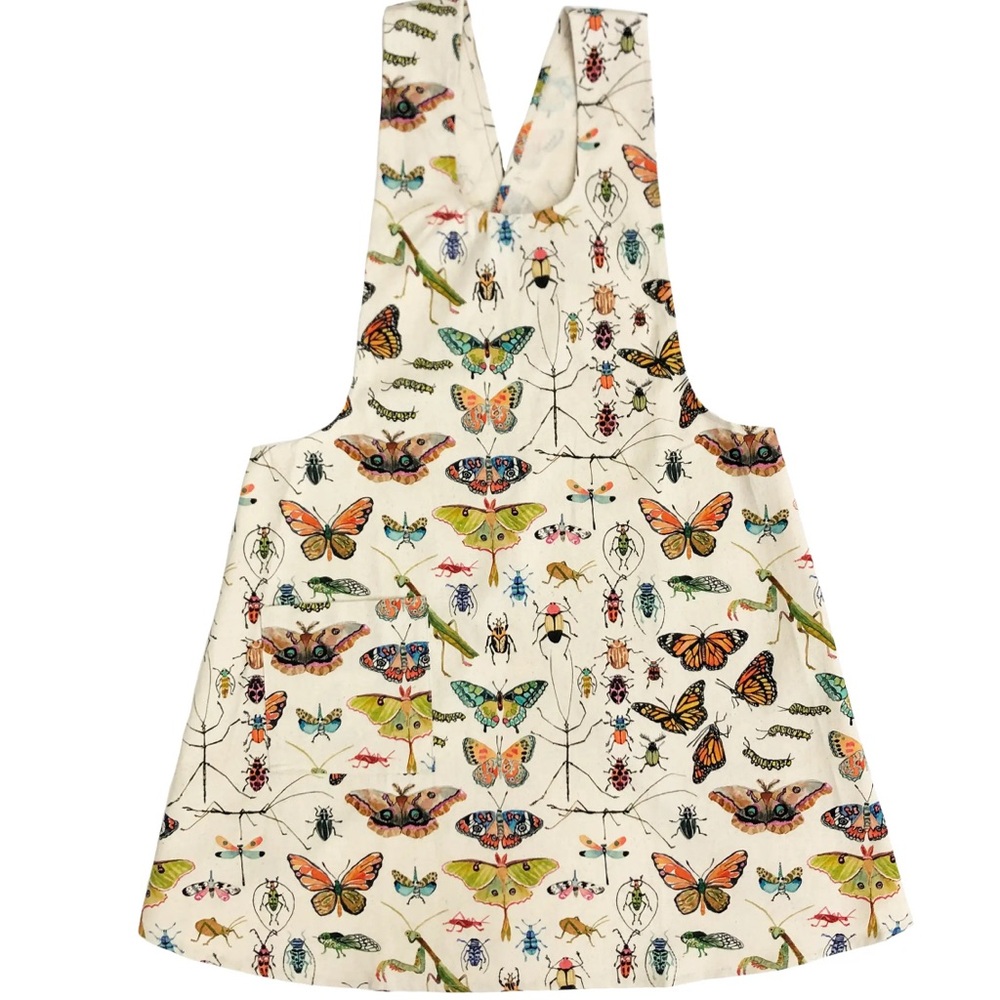 Japanese Style Pinafore  Apron - Artist Watercolor Designed Vibrant Insects